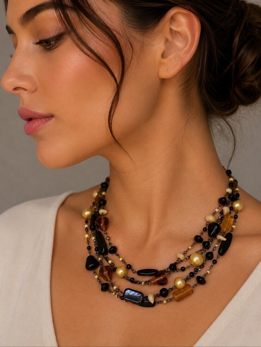 Y2k LIA SOPHIA Vixen Gunmetal Glass Beaded Layered Torsade Grunge Chain Necklace